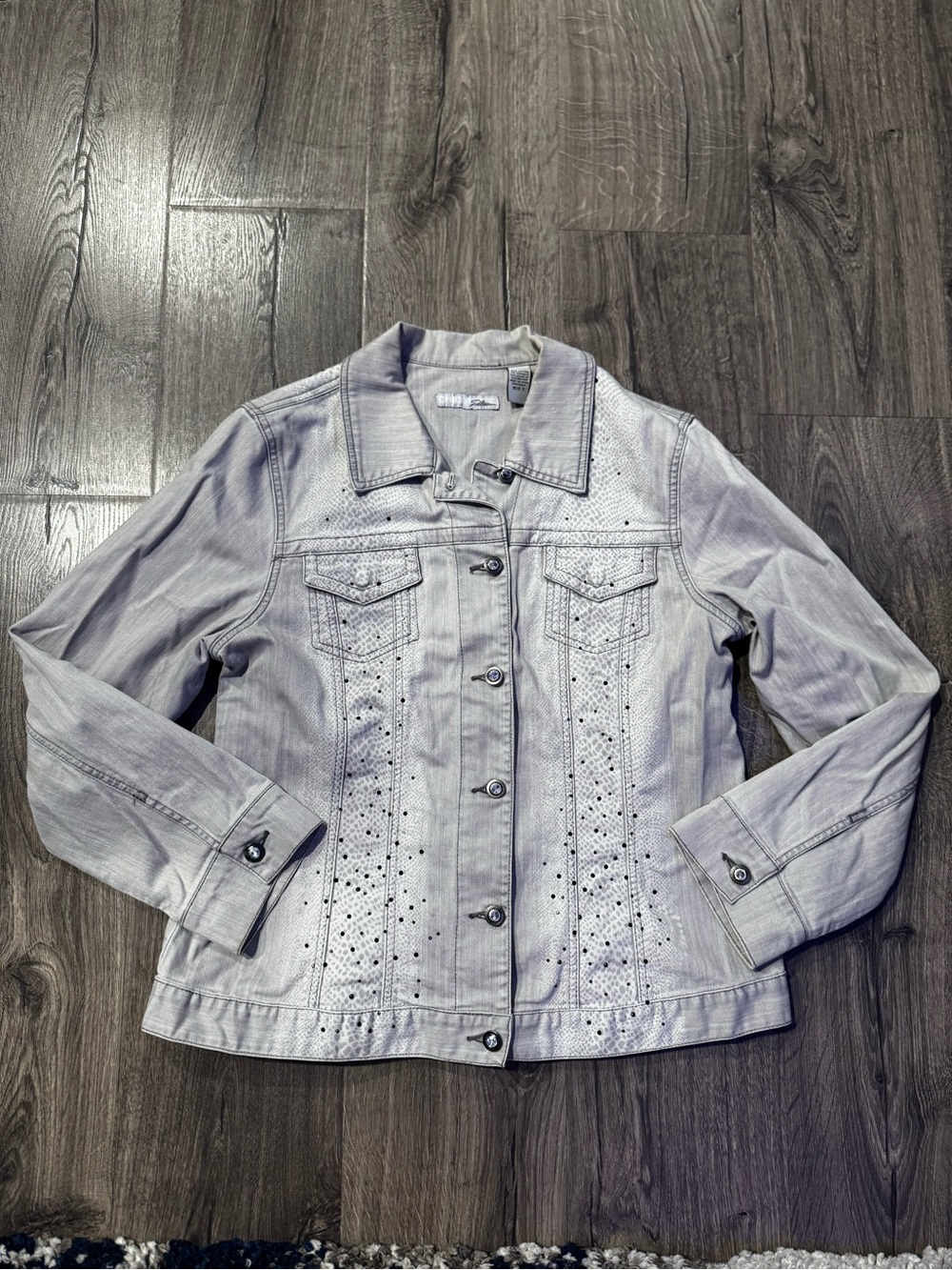 Chico’s Light Gray Denim Jacket with Studded Eyelet Panels size 2 medium